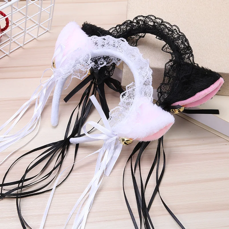 Sexy Cat Ears Headwear Women Girls Masquerade Halloween Cosplay Lace Cat Ear Anime Party Costume Bell Headband Hair Accessories