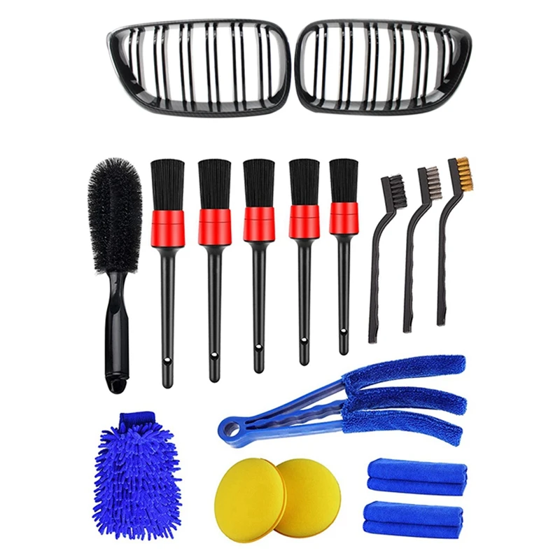 

2Pcs Front Bumper Dual Line Grill For-BMW 2 Series F22 F87 M2 2014+ With 15PCS Detailing Brush Set,Wheel Tire Brush Kit