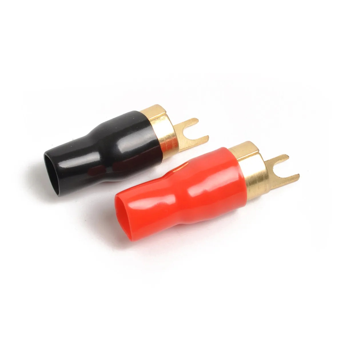 1Pair Yellow Brass Copper Gold Plated 0 Gauge Spade Terminal Crimp Connectors for Speaker Wire Cable Terminal Plug Red Black