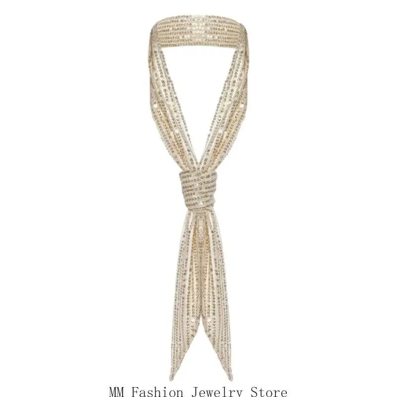 Decorative Tie-Style Scarf with Sequins Embellished for Sparkling Neck Detail D0UB