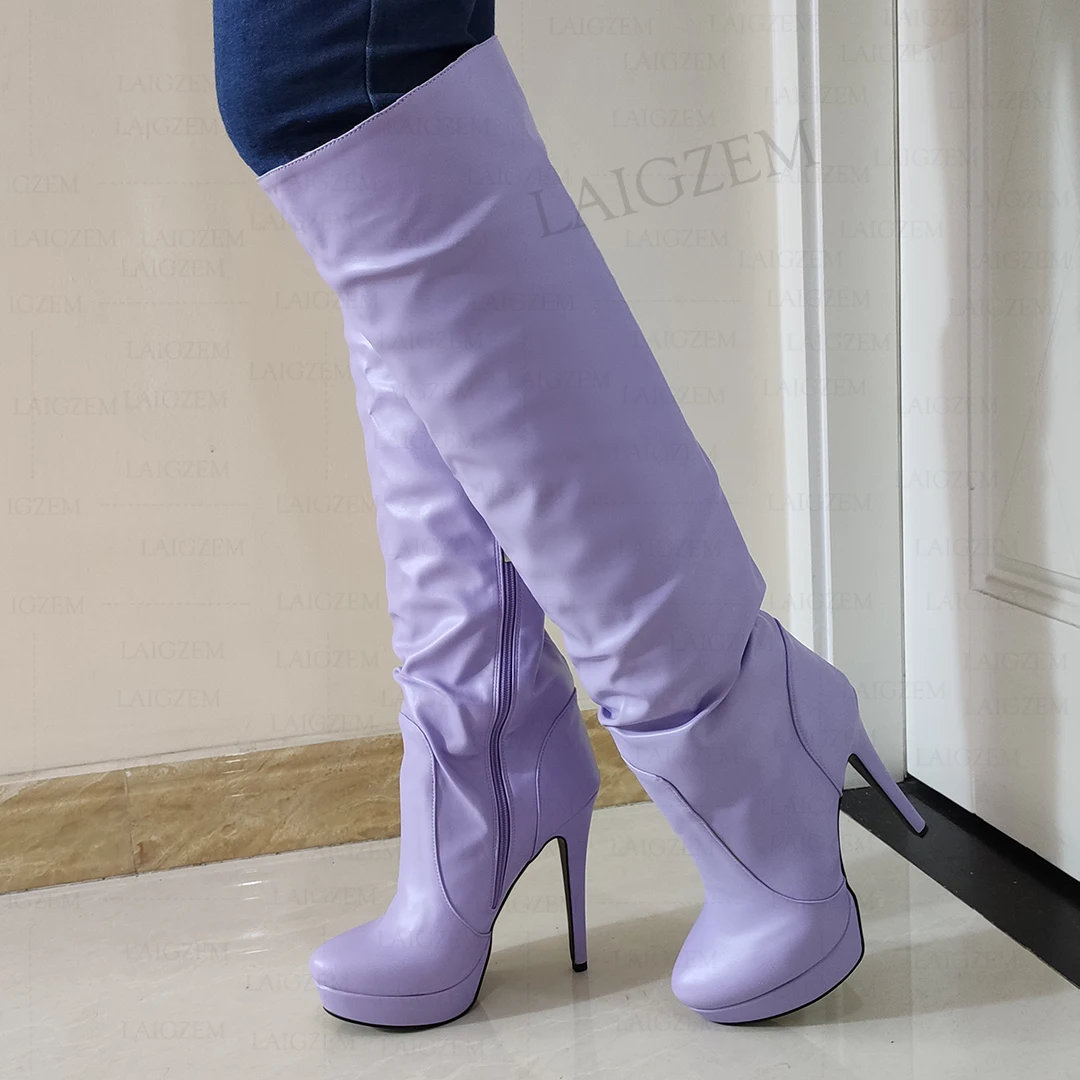

BERZIMER Women Over Knee High Heels Boots Thin Heels Side Zip Boots Handmade Ladies Shoes Woman Handmade Big Size 41 42 45 52
