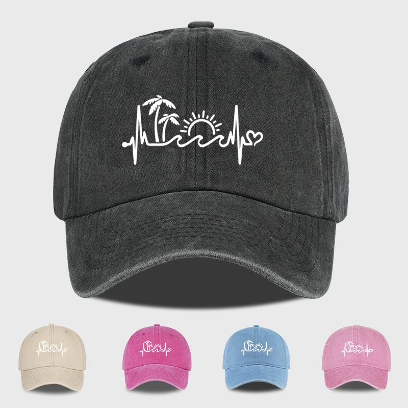 Vintage Washed Palm Tree Sunset Graphic Baseball Cap Adjustable Casual Hat for Daily Travel Beach