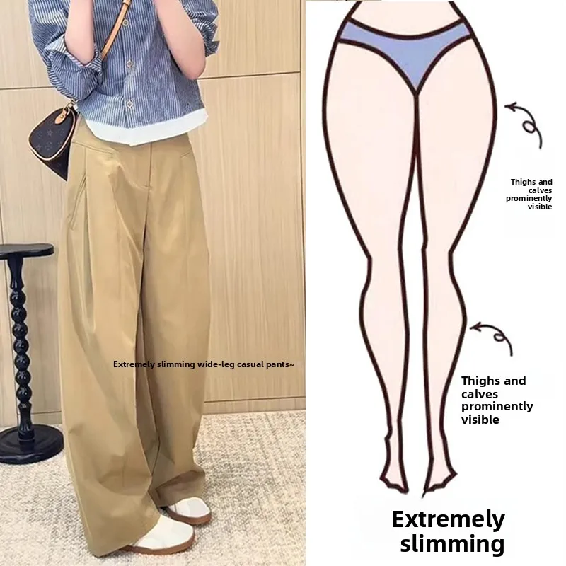 Khaki Loose Wide Leg Casual Pants Women plus Size 200 Pounds High Waist Straight Tube Pants Pear Shaped Body Slimming Trousers