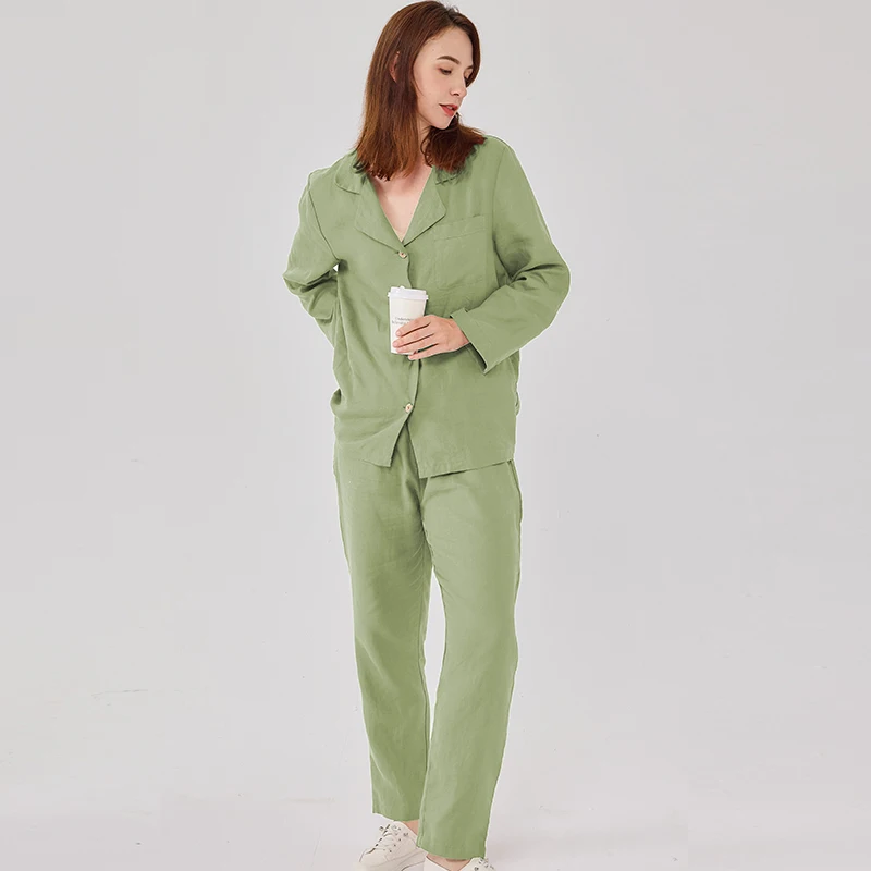 100% Natural Linen Women's Pajama Sets Soft Long Sleeve Shirt Pants 2 Pieces Sets Green Lounge Outfits 2024 Woman Loungewear