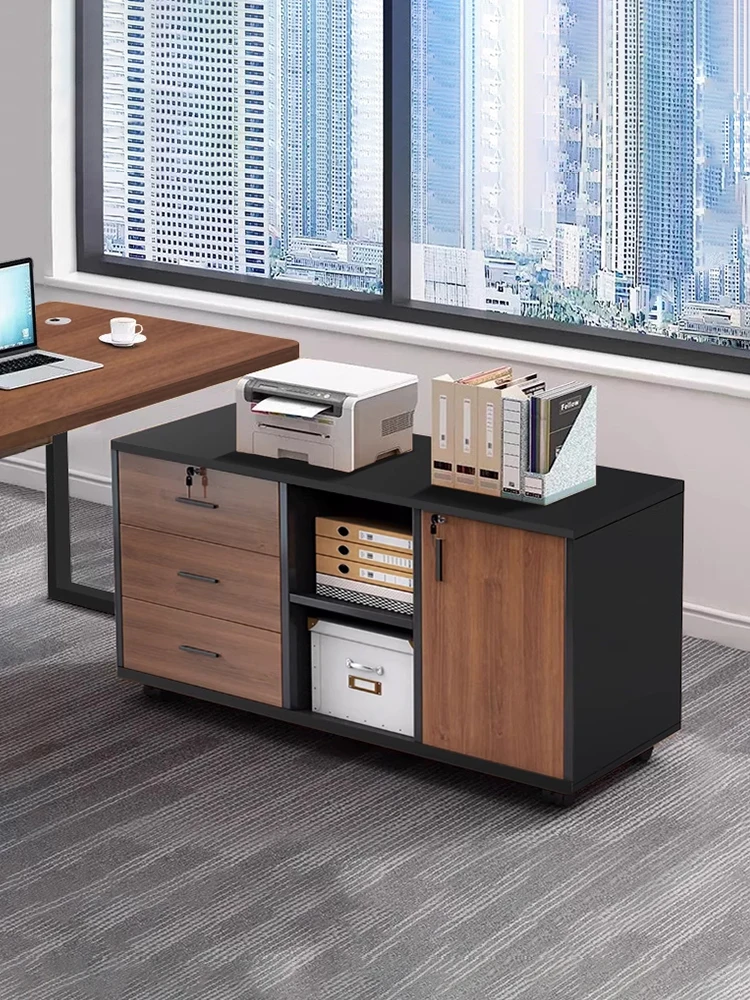 CX office desk storage, documents, low cabinet, printer placement, locked drawer cabinet