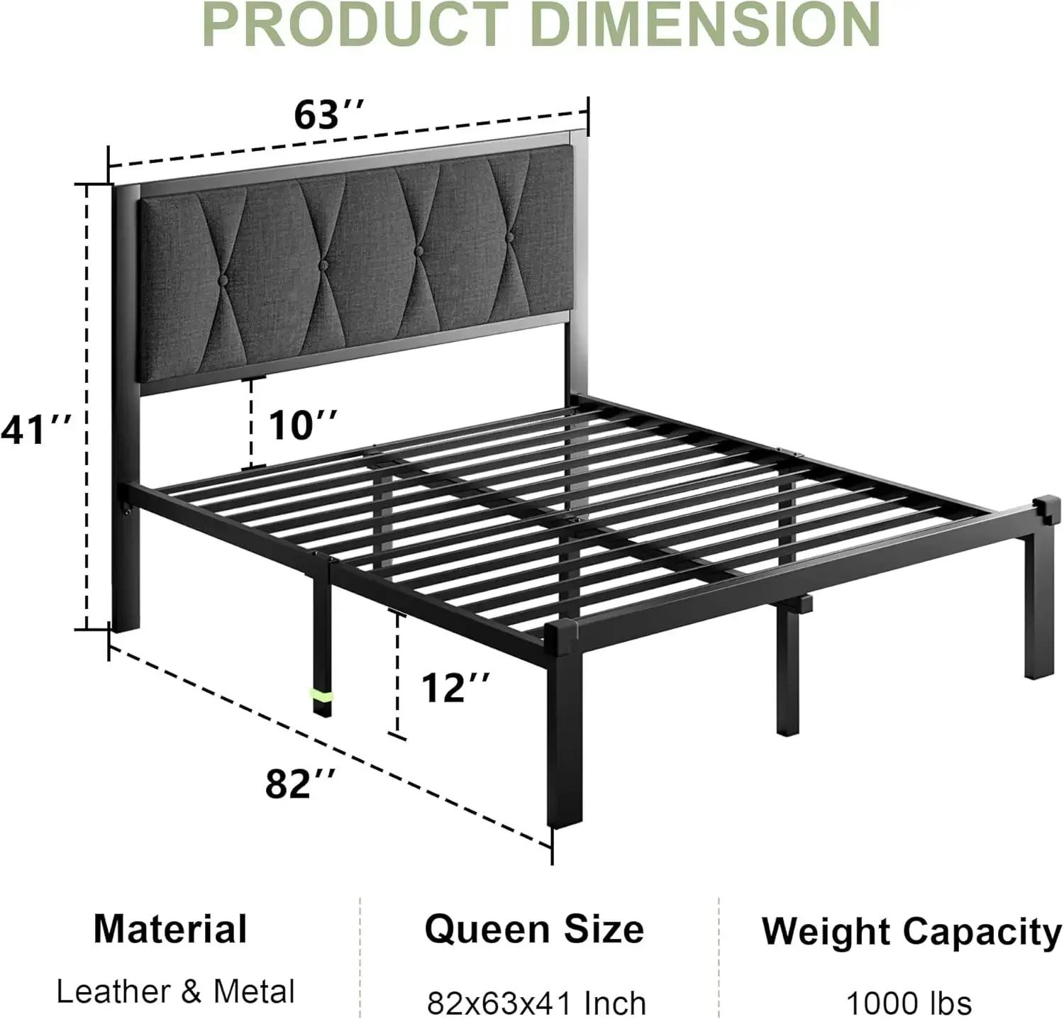 Queen Size Metal Bed Frame with Fabric Button Tufted Headboard, Platform Bed Frame with Heavy Duty Metal Slats, 12