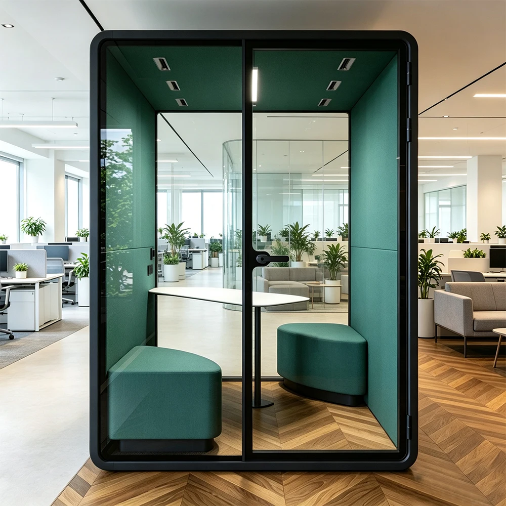 & Modern Glass Office Pods 2 Person Meeting Booth Built-in Bench Seating Table Modular Customizable Office Manufacturer Direct O