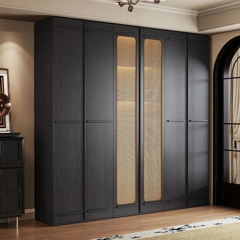 Solid wood European pine board, vintage style black wardrobe, bedroom home use with rattan woven bone lines, minimalist