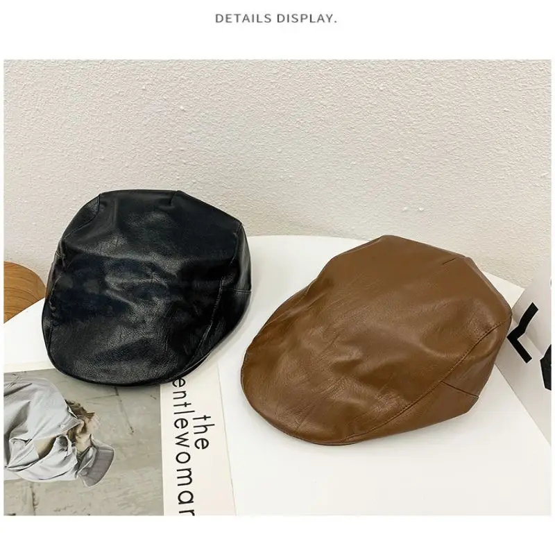 

pu leather black beret female summer Korean version personality retro British backward forward cap autumn winter painter hat