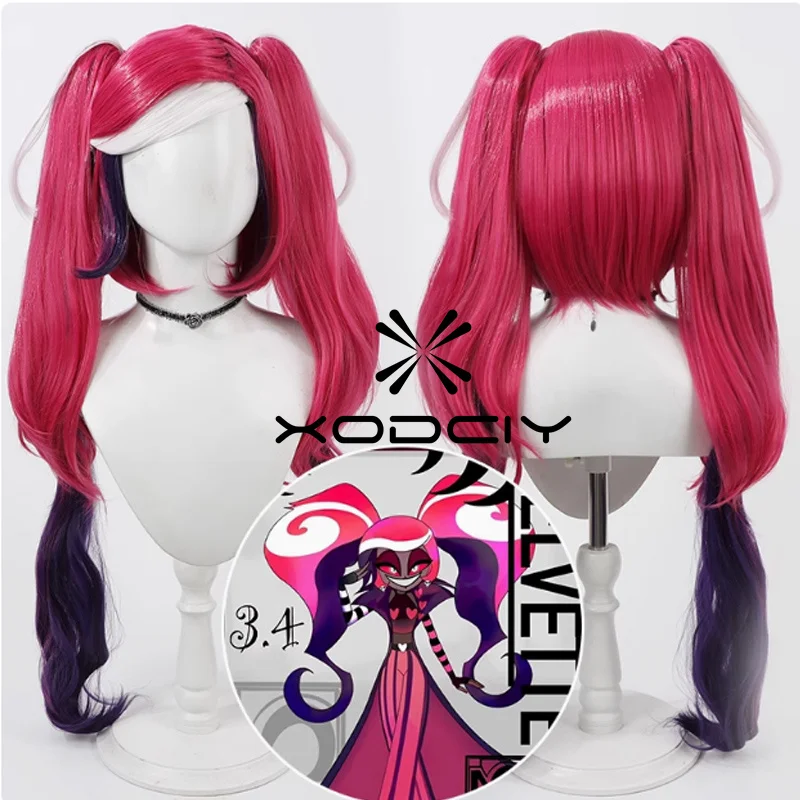 Velvette Cosplay Wig Purple Red White Mixed Double Ponytail Heat Resistant Synthetic Hair Halloween Party Role Play + Wig Cap