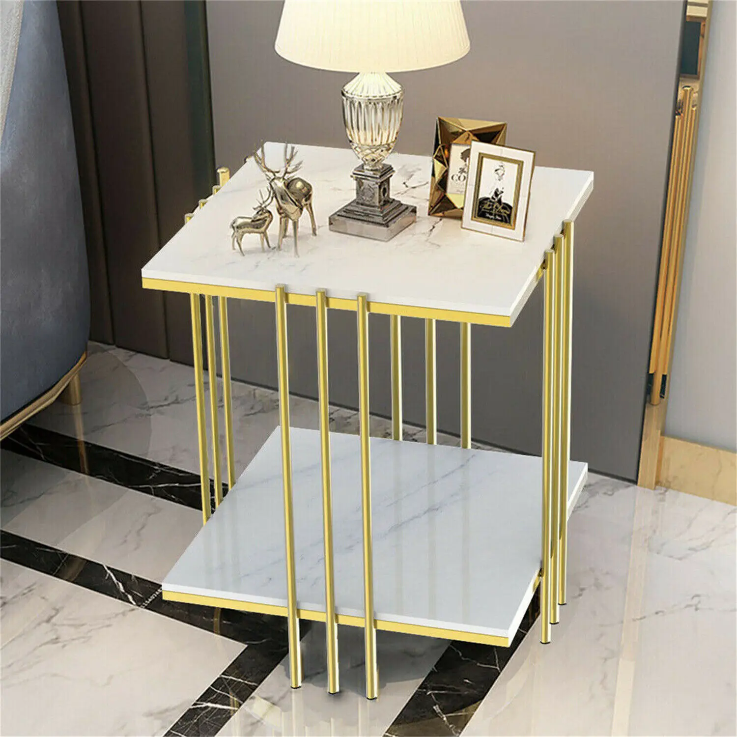 Tea Table End Table For Office Coffee Table Square Marble Top Gold Legs Magazine Shelf Small Desk Bedroom Living Room Furniture