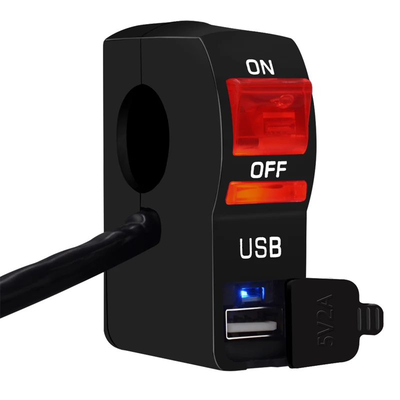 22mm 12V 2A 6 Wire Universal Motorcycle Handlebar Light Switch With USB Charger LED ON OFF Waterproof USB Adapter Charger