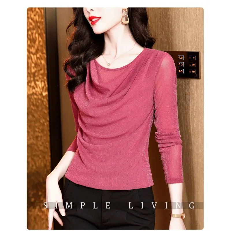 

Кружевная нижняя рубашка с ворсовым воротником для женщин, весенне-осенняя модная сетчатая футболка с длинными рукавами, топ