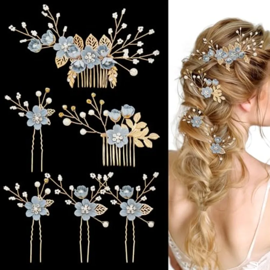 

6 Pcs Bridal Hair Accessories French Hair Side Combs and Hair Pins, Gold Wedding Jewelry Headpiece with Rhinestone for Brides B