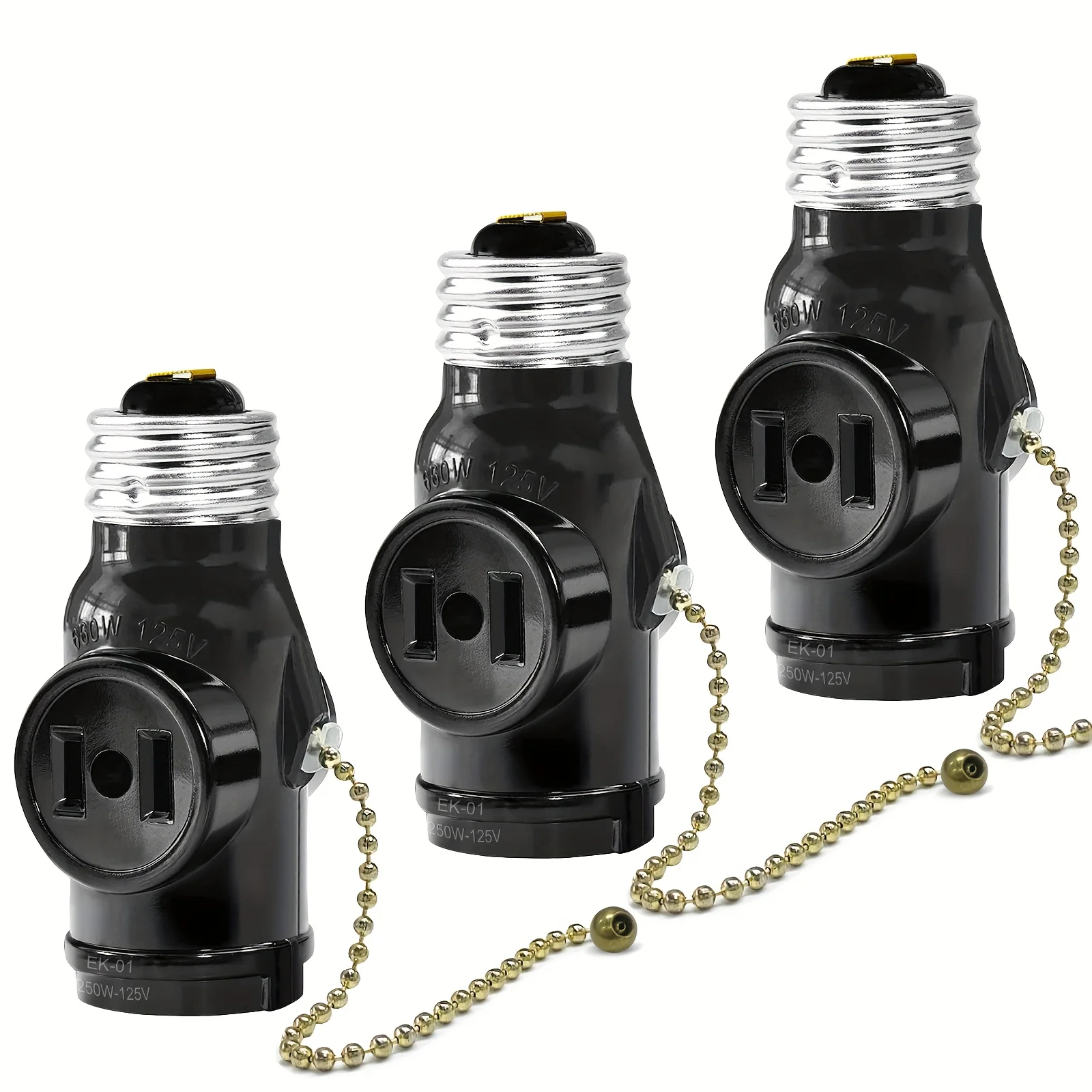 

2 Outlet Light Socket Adapter, E26 to 2 Outlet Splitter, Polarized, Pull Chain Switch, Black (3pk)
