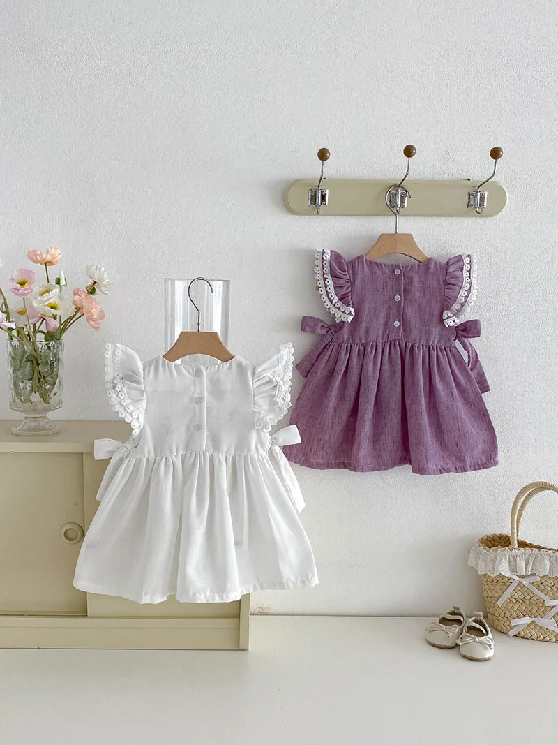 2026 Summer Baby Dress 9M-4T Korean Thin Loose Lace Kids Clothes Embroidered Flowers Girls Dress Children Outfit 2PCS