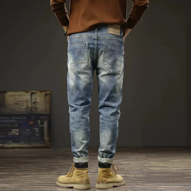 Italian Style Fashion Men Jeans Retro Blue Elastic Slim Fit Ripped Jeans Men High Quality Vintage Designer Denim Pants Hombre