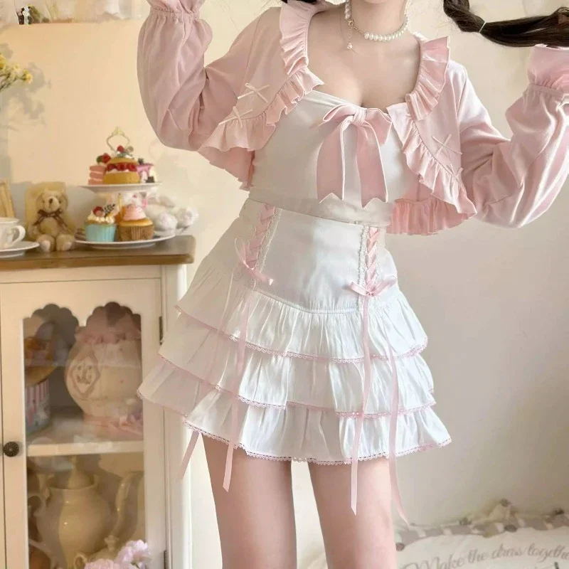 Japanese Kawaii Lolita Style Pleated Skirts Women High Waist Pink Bandage Fairy Y2k Aesthetic Skirt Cute Faldas Mujer Moda 2023