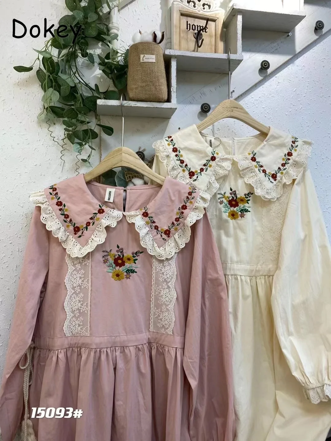 Mori Girl Floral Embroidery Cotton Linen Dress for Women, Autumn Lace, Peter Pan Collar, Kawaii Dress, Casual Long Sleeve Sundre