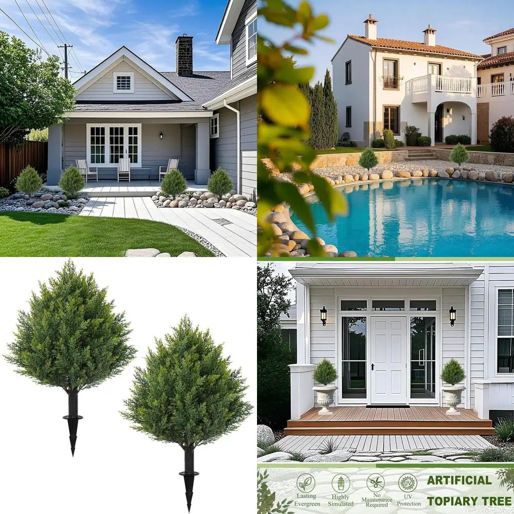 

Искусственные топиарные шаровидные деревья 24,8 дюйма с кольцом для крепления к земле, набор из 2 УФ-стойких искусственных сосновых кустов для улицы и помещений, для крыльца