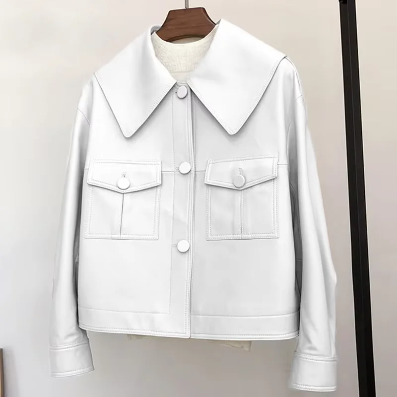 Mauroicardi primavera otoño corto blanco suave Pu chaqueta de cuero mujeres hombro caído manga larga elegante ropa elegante de lujo 2025