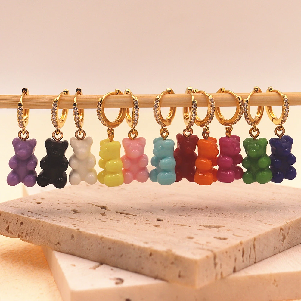 Rainbow Resin Gummy Bear Zircon Dangle Earrings for Women Girls Gold Color Cartoon Animal Teddy Bear Hoop Drop Earring Jewelry