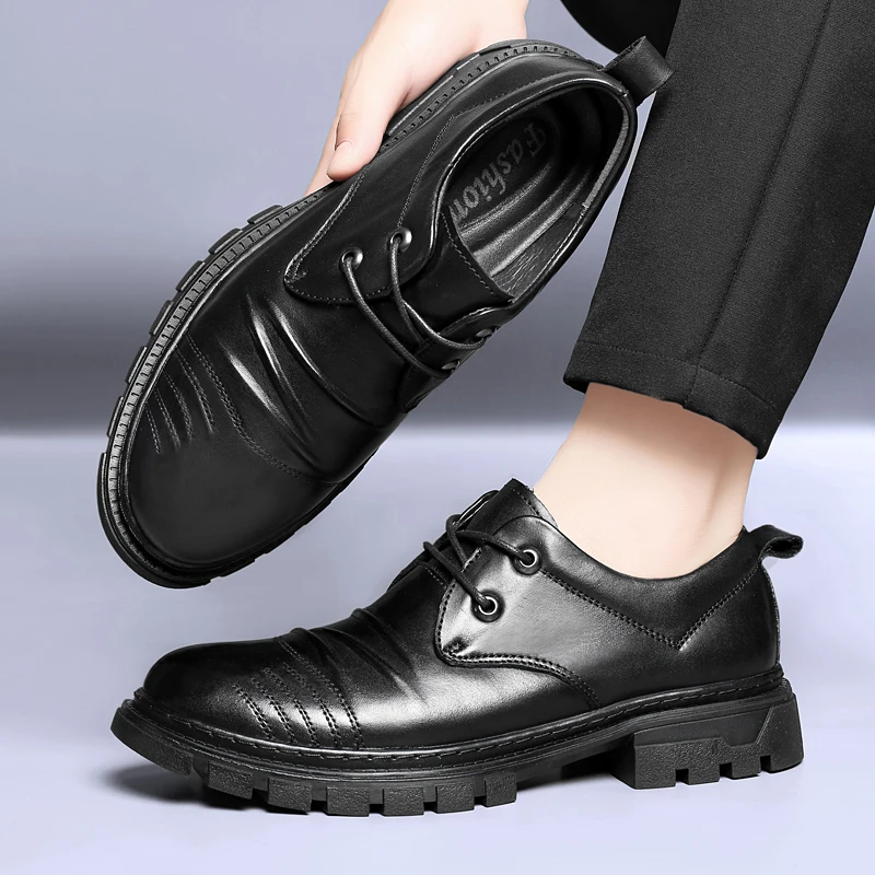 High Quality Men's Comfortable Height Increasing Casual Leather Shoes Fashionable Brand Round Toe Lace Up Business Leather Shoes
