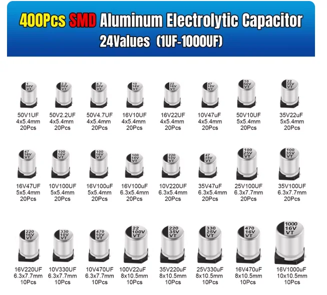 400PCS capacitor kit Aluminum Electrolytic SMD condensadores electrolíticos 1uF~1000uF 6.3V-50V 10/24Value with box kit