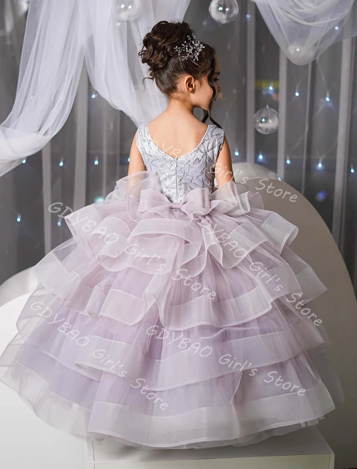 ที่กําหนดเองTulle Ruffledเจ้าหญิงประกวดชุดยาวลูกปัดApplique Layeredดอกไม้สาวชุดโบว์วันเกิดParty Ball Gown