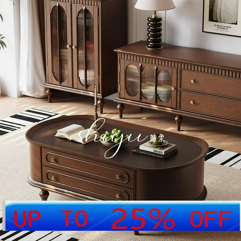 

LTT All Solid Wood Oval TV Cabinet Combination Set Living Room Small Apartment American Style Second-hand Coffee Table