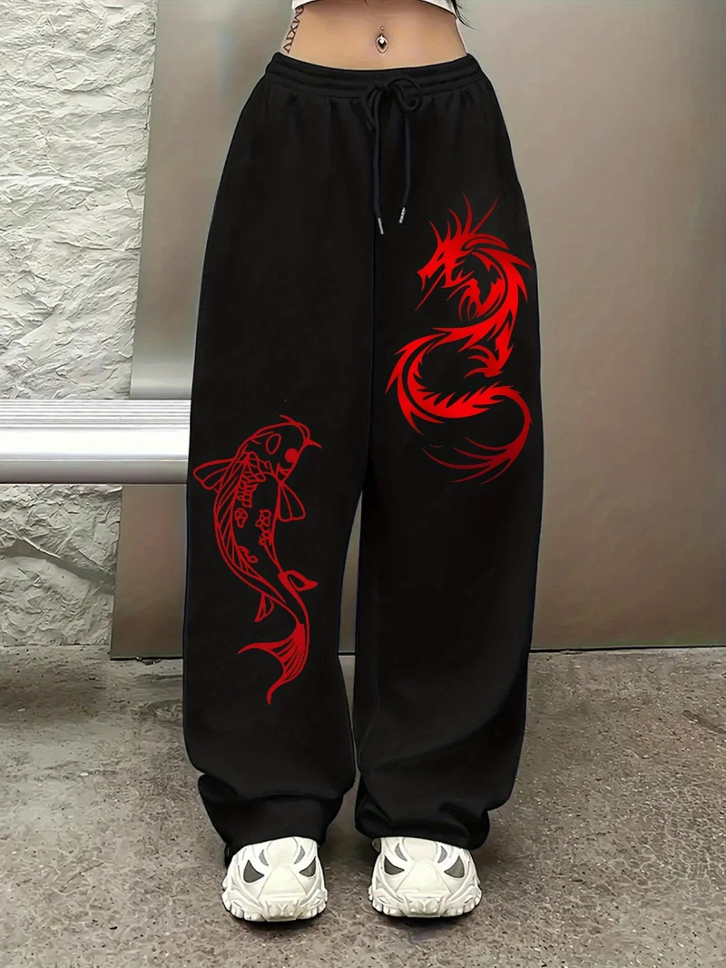 Women's trousers with a trendy dragon and carp print, casual sporty straight leg, elastic waist drawstring wide-leg trousers