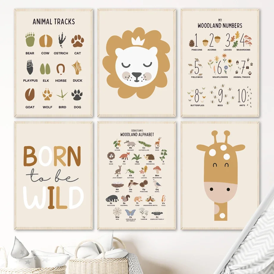 

Cartoon Lion Giraffe Animals Tracks Nursery Alphabet Art Canvas Painting Nordic Posters Prints Wall Pictures For Kids Room Decor