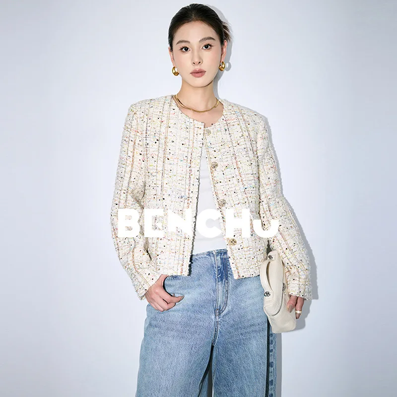 Autumn contrasting color woven wool small fragrant jacket femininity round neck tweed short jacket