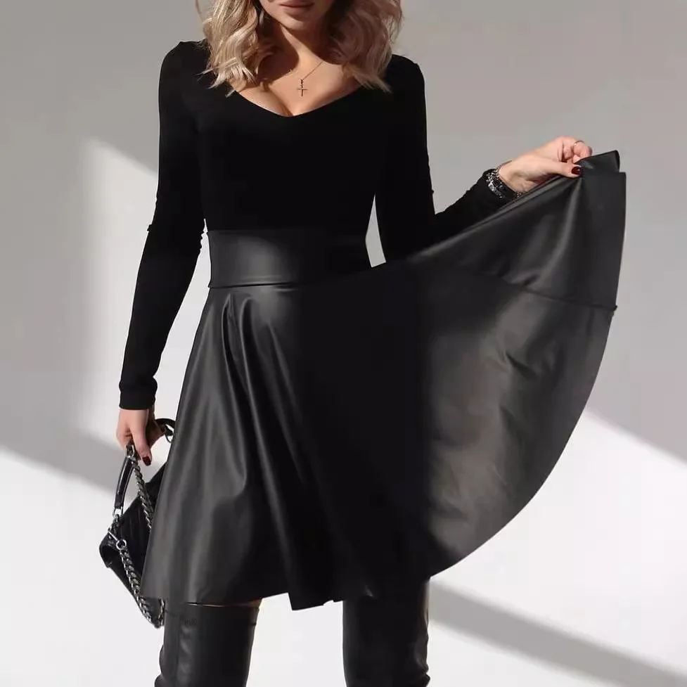 SKMY Women's Clothing 2026 Autumn And Winter New High Waisted Large Swing PU Leather A-Line Skirts Solid Color Sexy Party Wear