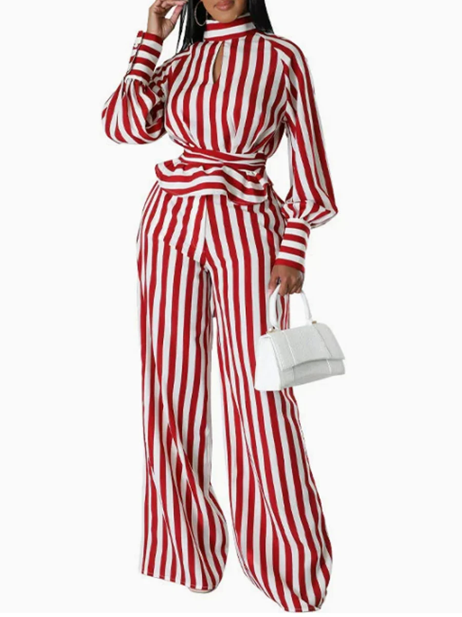 

Women Striped Tied Detail Lantern Sleeve Top and High Waist Wide Leg Pants 2pcs Set
