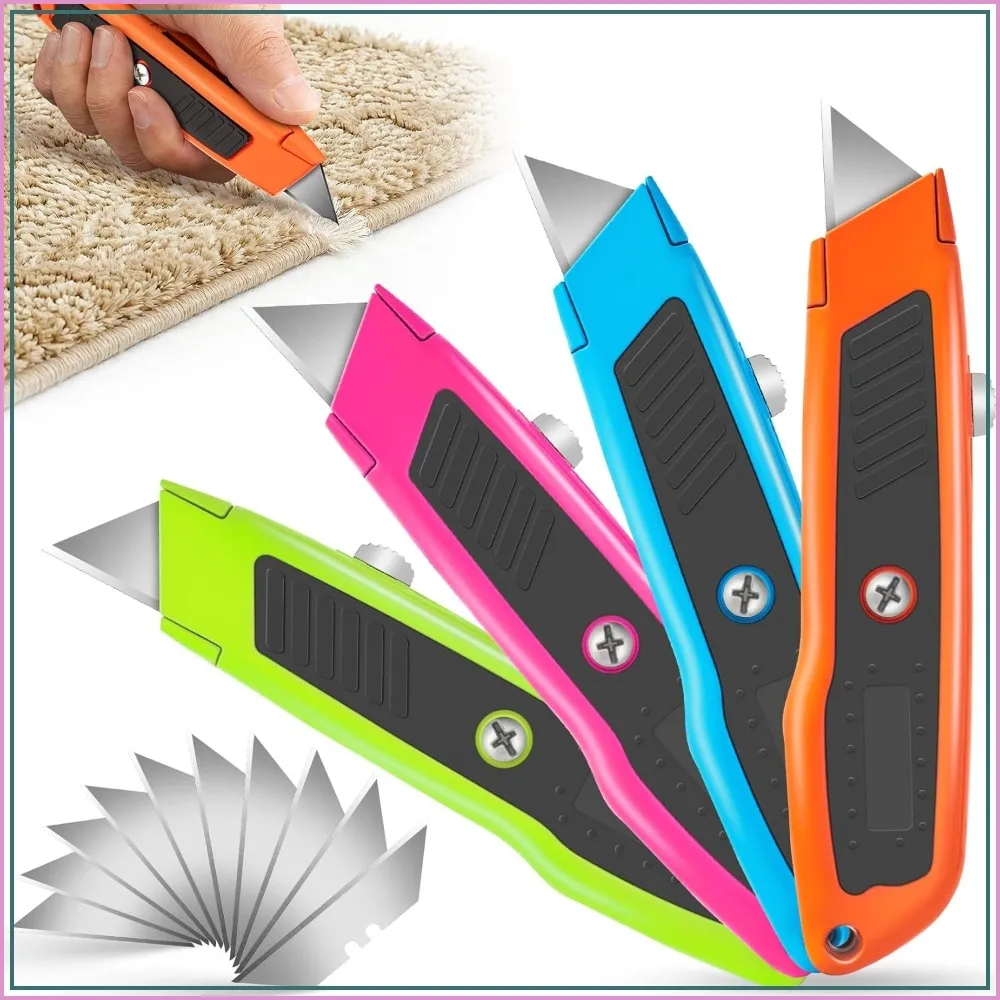 4-Pack Heavy Duty Box Cutter, Retractable Utility Knife with 10 Extra Blades, Zinc Alloy, for Cardboard, Boxes, Vinyl, Carpet, Leather