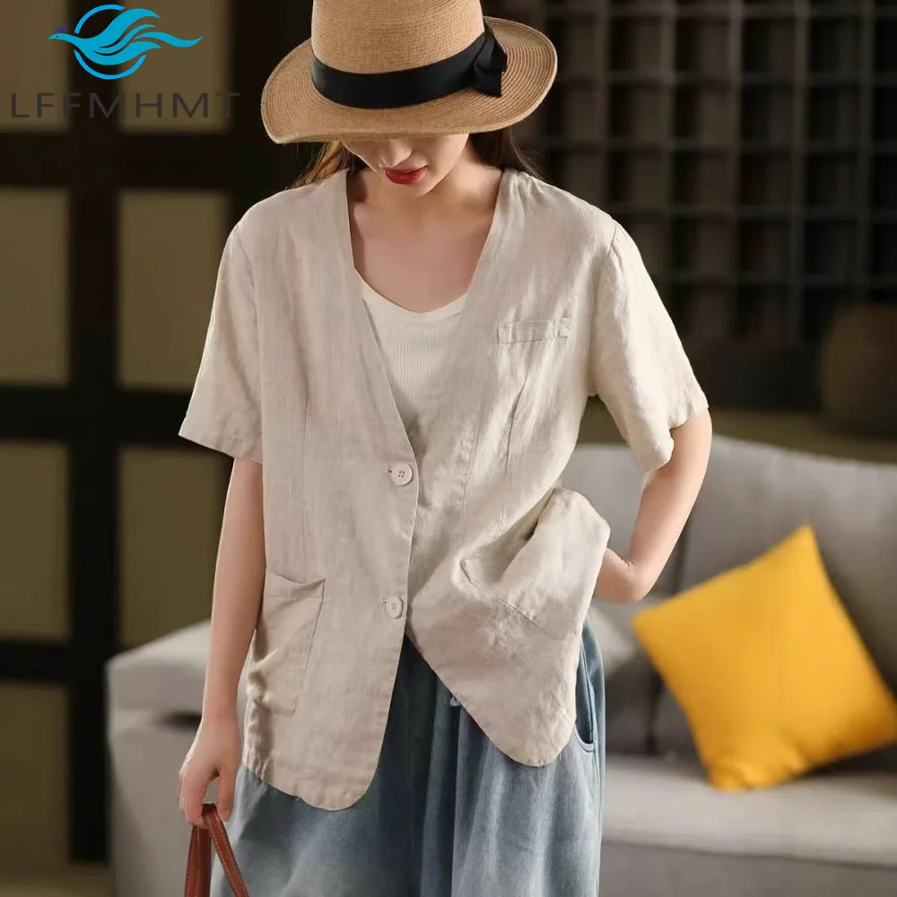 

Summer Fashion V-neck Short Sleeve Linen Coats Women's Good Quality Solid Color Simple Basic Jacket Female Retro Breathable Tops