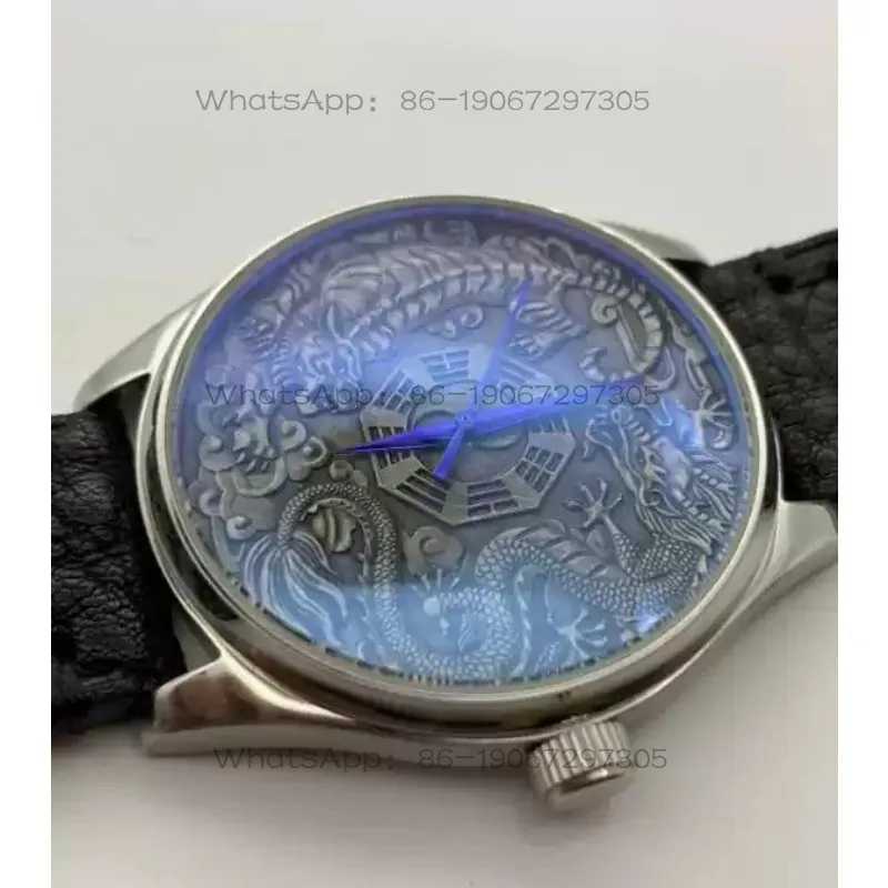 Reloj Mecánico Automático de Estilo Retro con Esfera de Dragón Azul y Tigre Blanco en Relieve