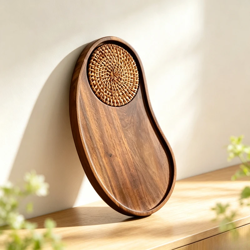 Cashew Shape Serving Tray Woven Inlay Wooden Tray for Hotel Coffee Cup Snack Tea Household Water Cup Table Storage Decor