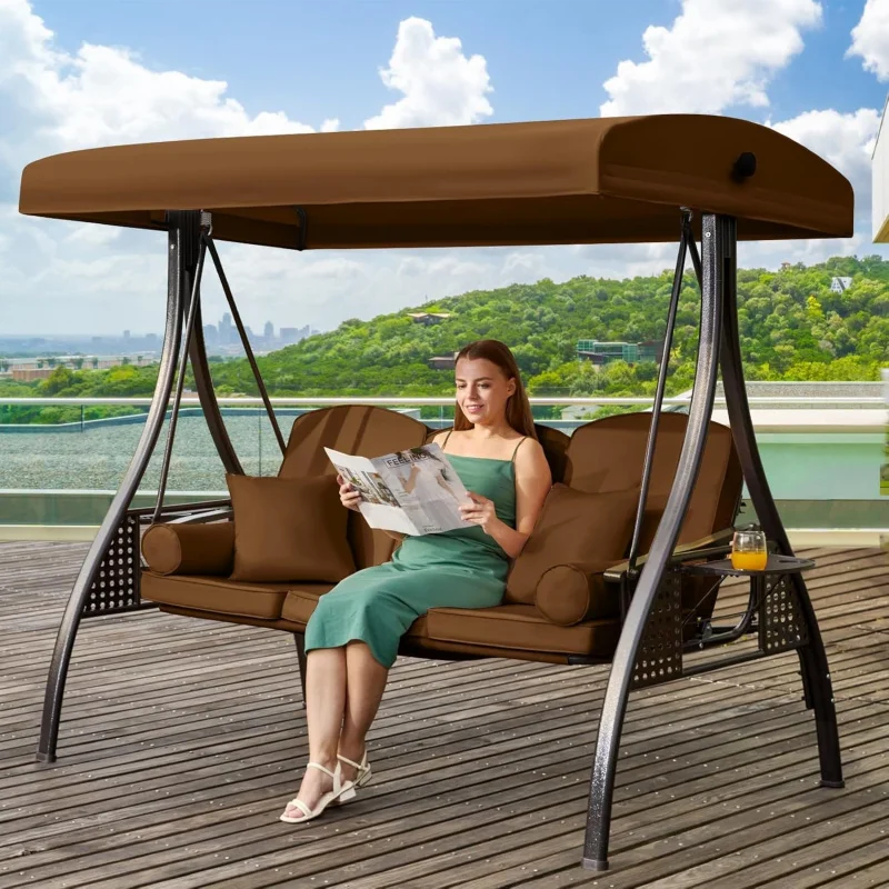 

2026 New：3 in 1 Outdoor Porch Swing with Adjustable Canopy, 3 Outdoor Swing Adults, Patio Swing Chair with Thickened Cu
