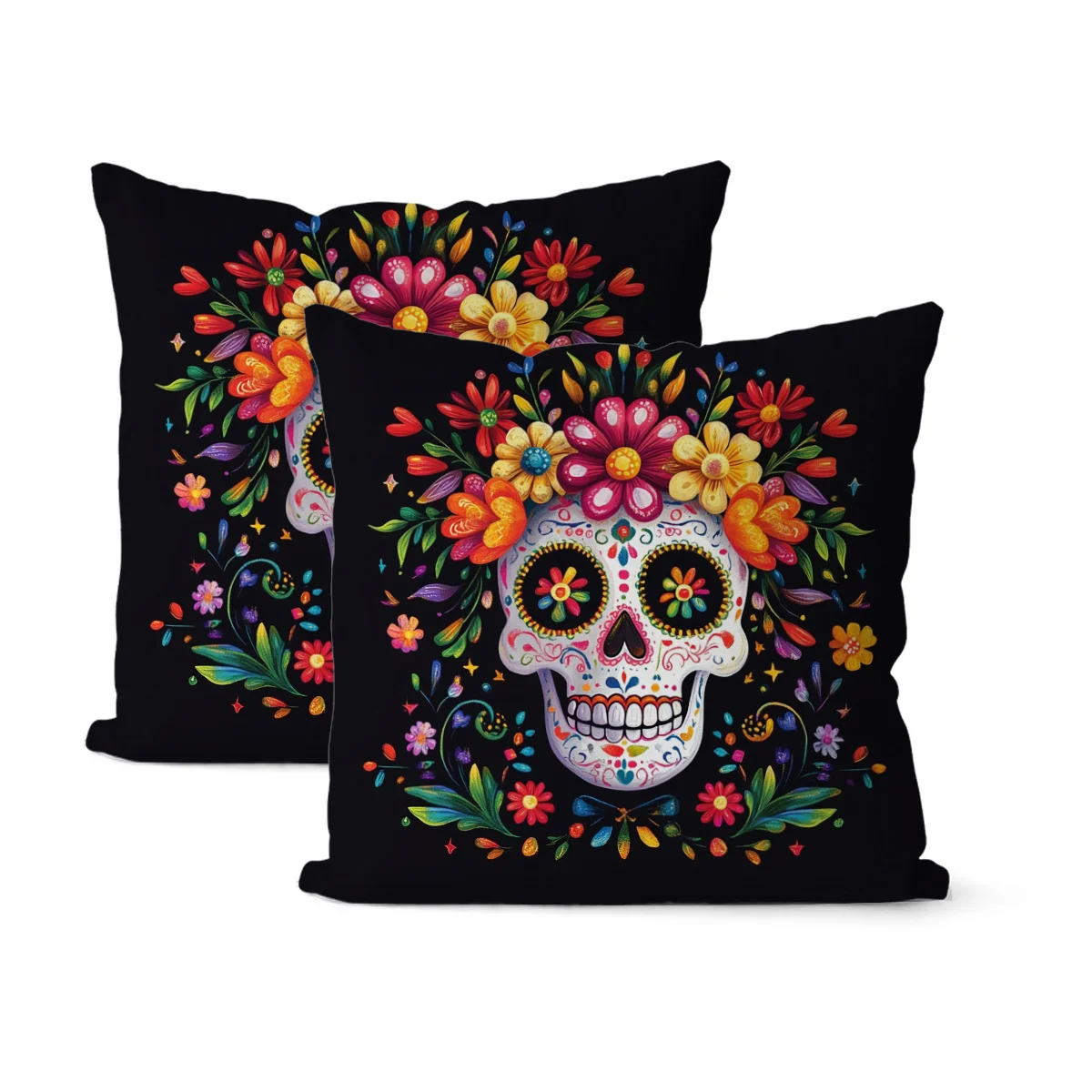 2pcs Vibrant Day of the Dead Skull Floral Throw Pillow Covers, 18x18 Inch Colorful Mexican-Inspired Design with Skeletons