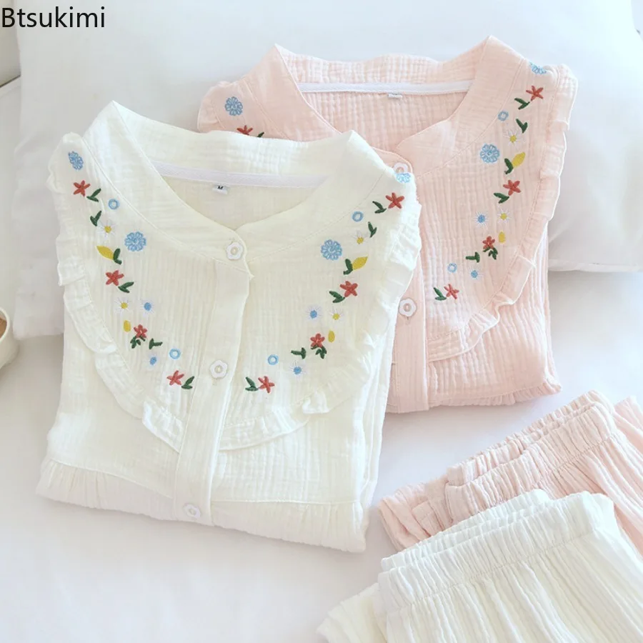 New 2025 Summer Pure Cotton Women's Pyjamas Set Embroidery Print Home Suits Pyjama Long Sleeve Pajamas 2Pcs Sleepwear for Women