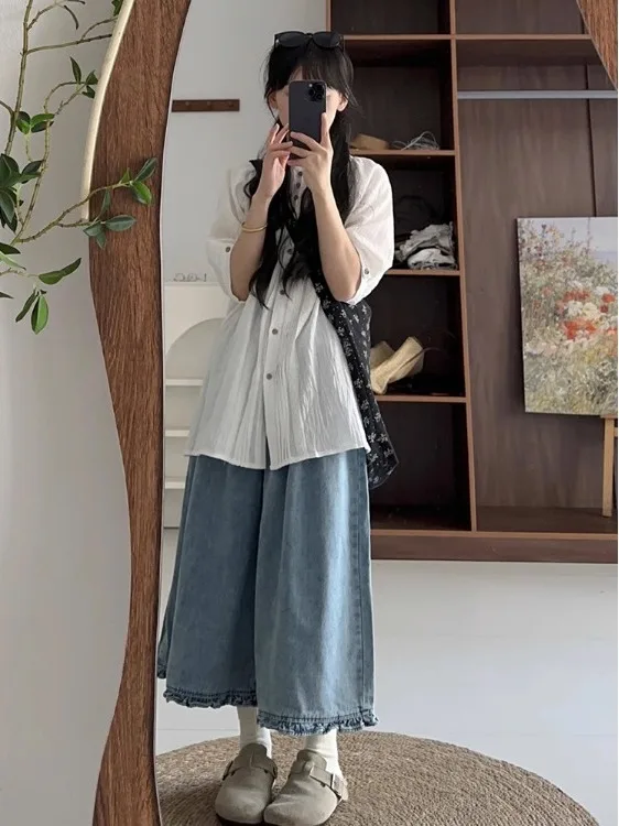 루즈 와이드 레그 팬츠 한국 스타일 여름 2025 플로럴 레이스 엣지 진 루즈핏 캐주얼 바지 여성용 내추럴 웨이스트