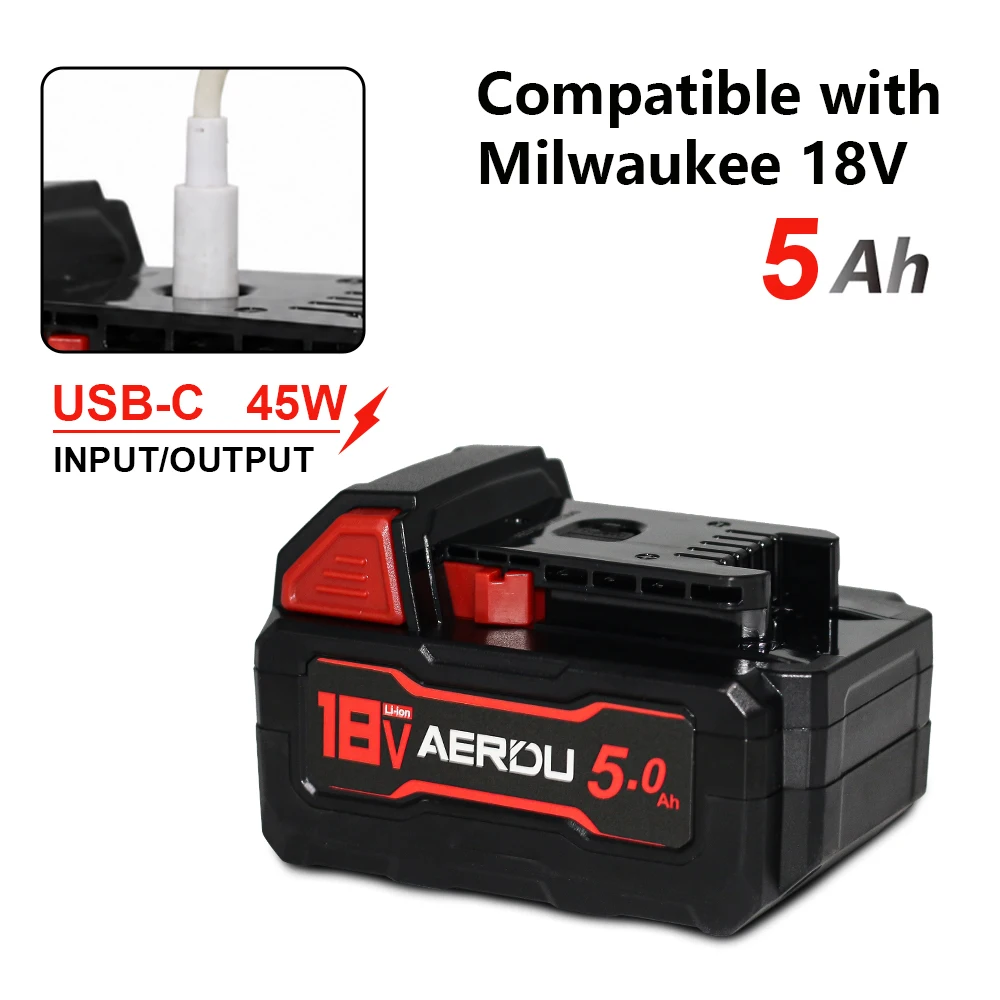 2-Pack 5.0Ah Replacement Battery Compatible with Milwaukee M18 18V Tools, Li-ion Rechargeable Battery Pack with USB-C PD 45W Fast Charging