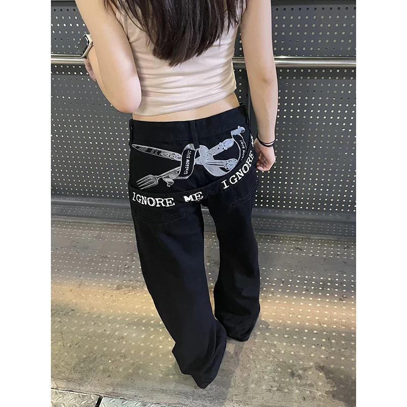 Damskie jeansy w stylu Y2K American Retro z nadrukiem liter, patchworkiem, luźne, w stylu spicy lazy, z wygiętymi nogawkami, modne.