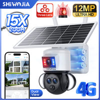 SHIWOJIA 15X ZOOM 12MP 4G SIM card Solar Camera PTZ Wireless WiFi Camera Three-Lens PIR Human Detection Alarm IP66 Waterproof