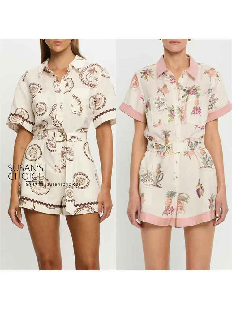 

Susan Australian Faion Casual Holiday Cotton Linen nut Tree Print Two-color ort Sve Onesie High Waist Straight Leg