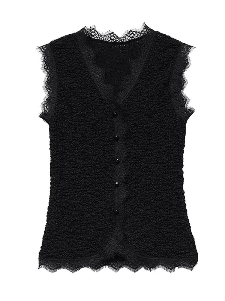 레이스 패치워크 스웨이드 탑 순색 여름 2025 여성 패션 레이어링 베스트 스몰 캐주얼 디자인 한국 스타일