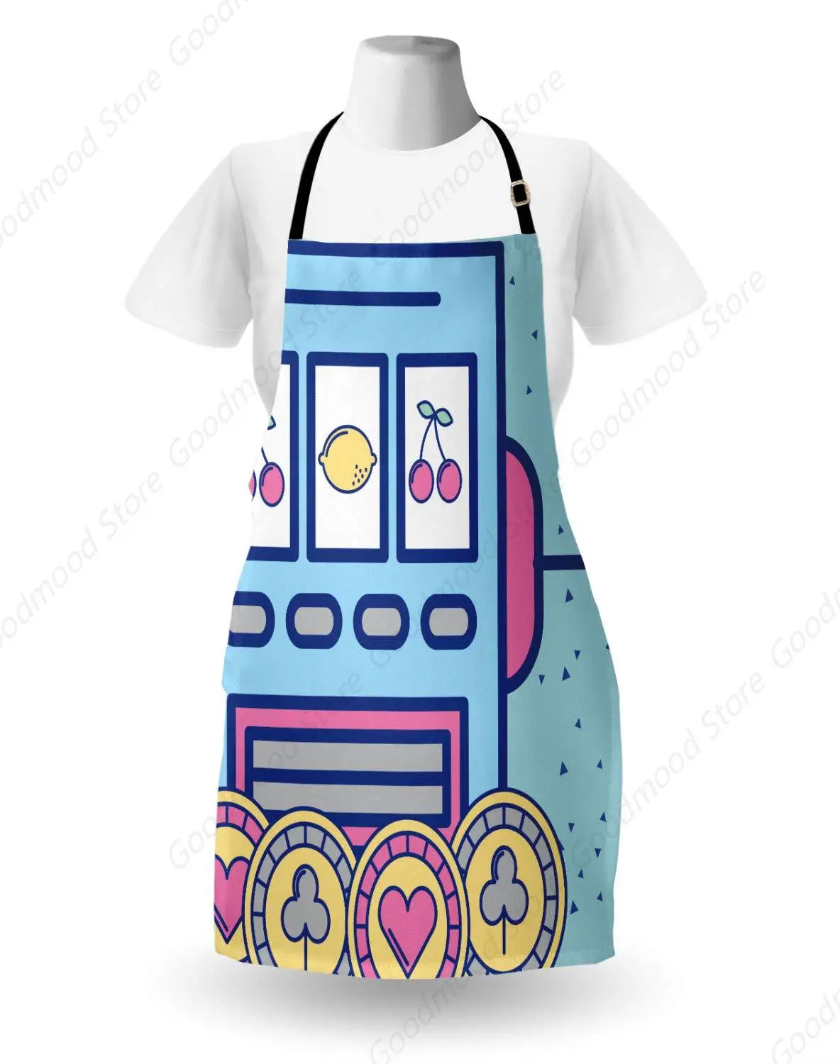 Poker Apron, Slot Machine Showing Fruit Symbols Heart and Clover Suit Playing Chips, Unisex Kitchen Bib with Adjustable Neck