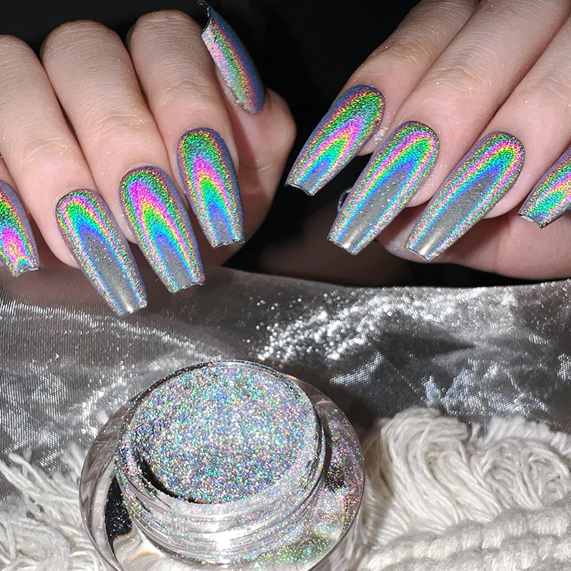 HNDO New Nails Silver Holographic Powder Rainbow Effect for Professional Manicure Nail Art Unicorn Laser Pigment Dust Design